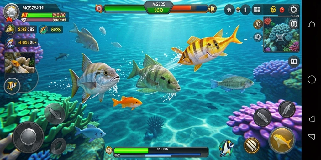 Screenshot gameplay MG525 menunjukkan aksi menembak ikan yang mendebarkan.