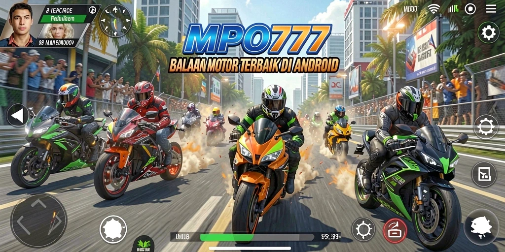 Tampilan utama gameplay MPO777 saat balapan motor dengan efek visual menarik.