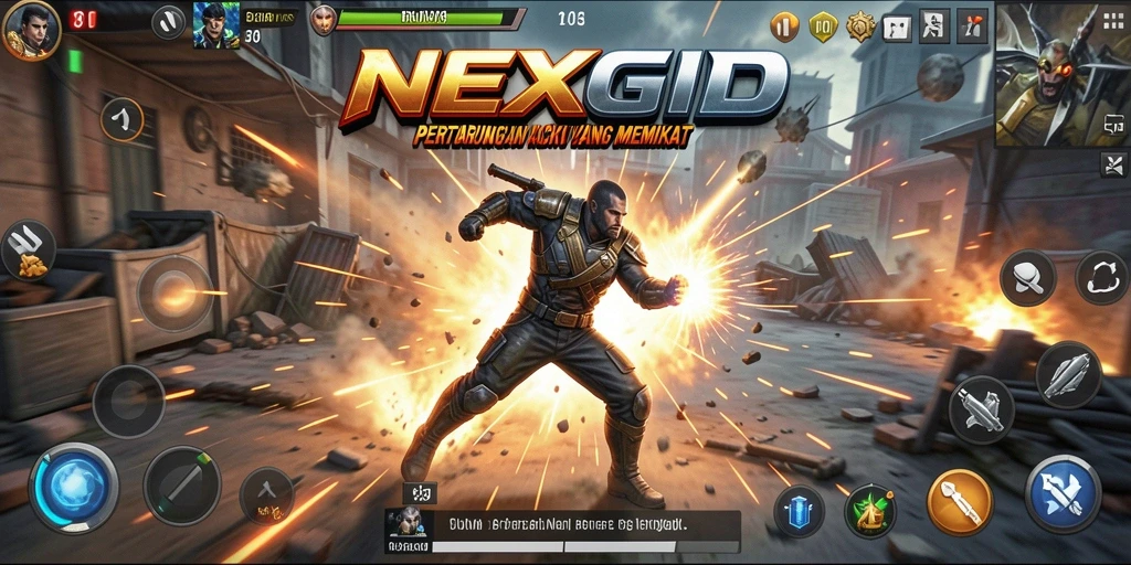 Screenshot utama NEXGID menunjukkan pertarungan mendebarkan.