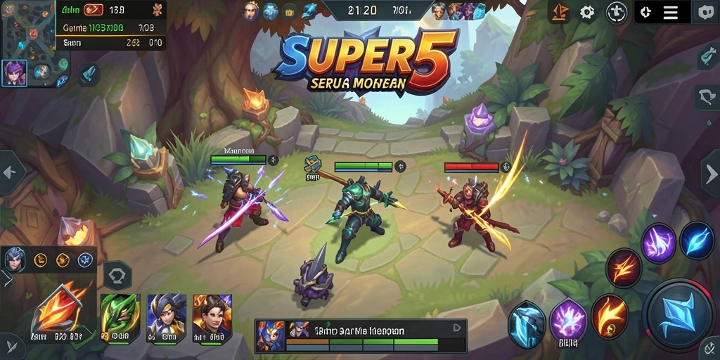 Tangkapan layar dari gameplay SUPER5 menunjukkan aksi seru dalam pertempuran MOBA.