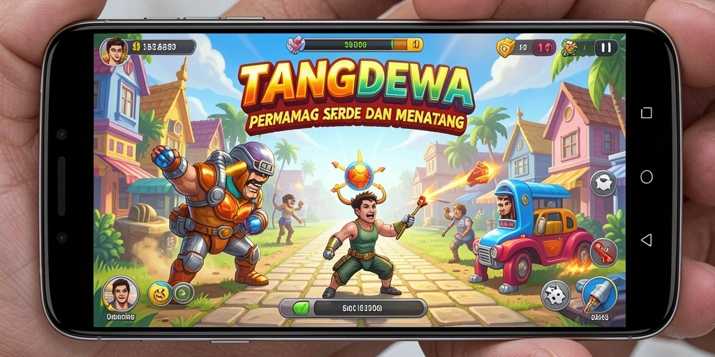 Screenshot utama gameplay TANGANDEWA dengan berbagai rintangan menarik.